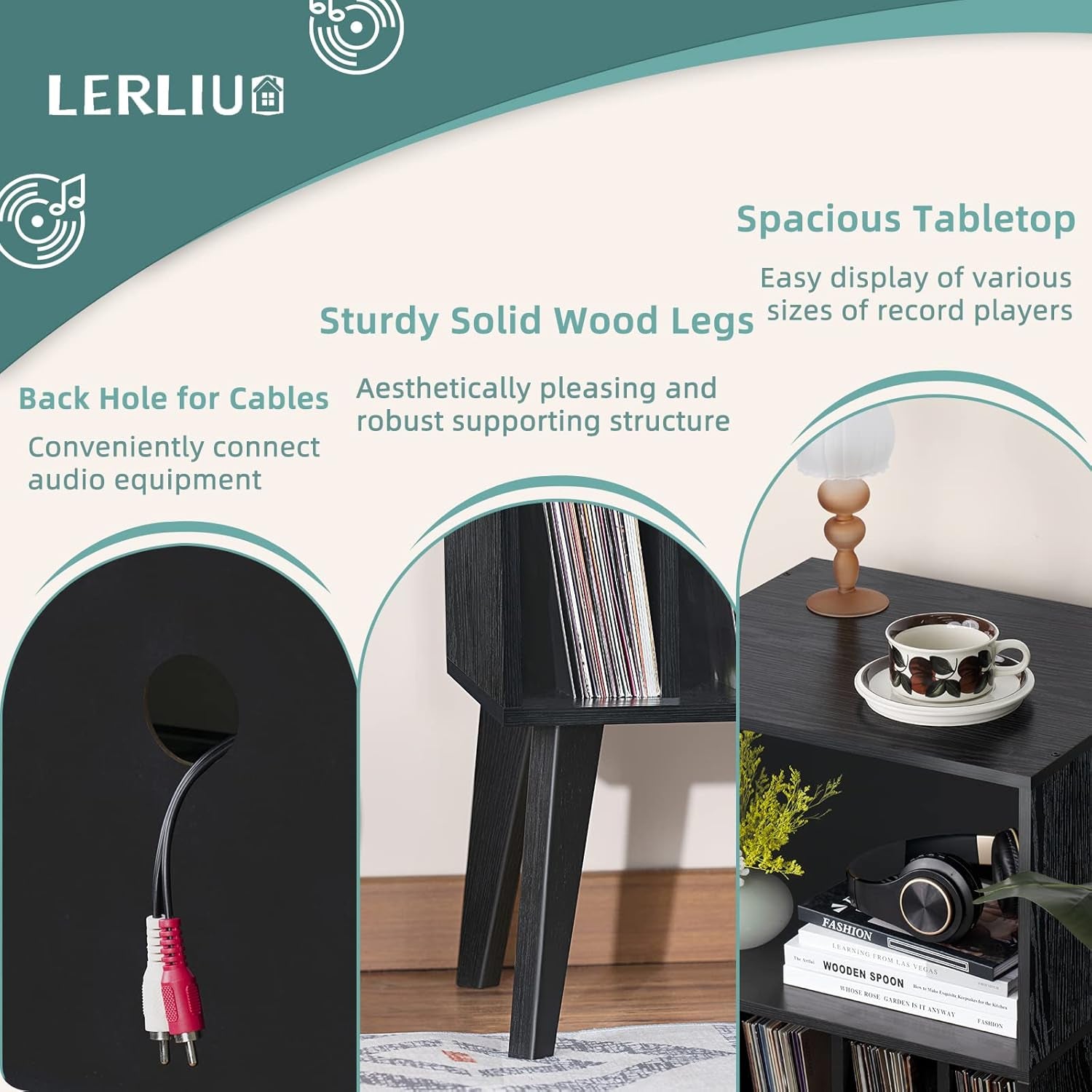 Record Player Stand, Black Turntable Stand Holds up to 160 Albums, Mid-Century Vinyl Storage Cabinet Table with Solid Wood Legs, Record Player Holder Dispaly Shelf for Bedroom Living Room