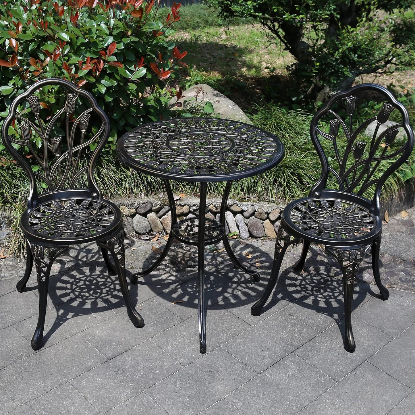 Patio Bistro Set.Rust-Resistant Cast Aluminum Bistro Table Set with Umbrella Hole for Backyard (Tulip Copper)
