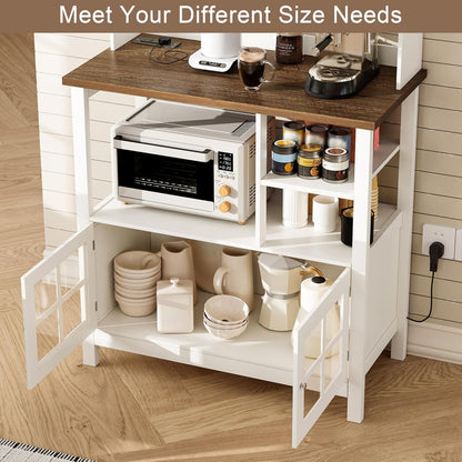 Farmhouse Bakers Rack with Power Outlets and Storage, Coffee Bar Cabinet with Storage, Microwave Stand Kitchen Cabinet with Hutch and 6 Hooks, Soft White & Brown
