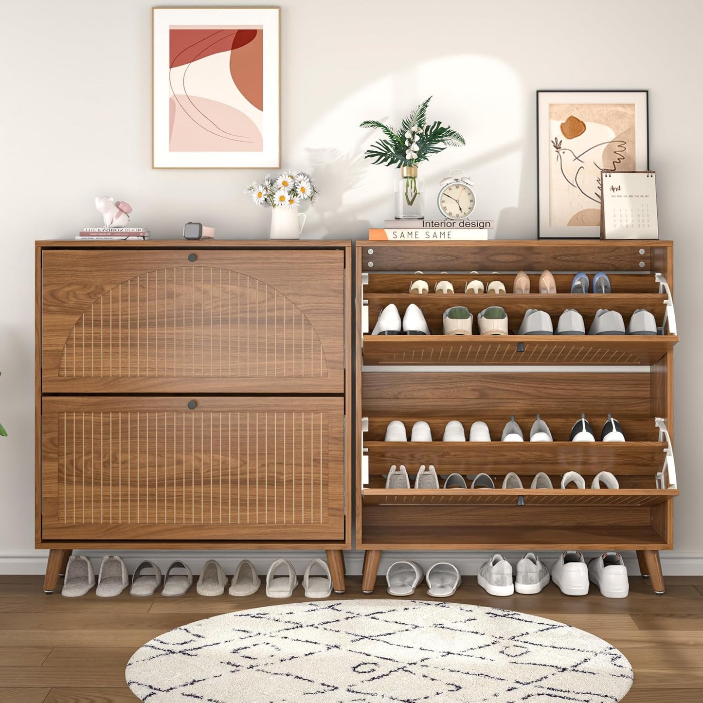 Shoe Storage Cabinet for Entryway with 2 Flip Drawers, Narrow Wood Shoe Cabinet with Fluted Panel, Freestanding Hidden Shoe Organizer for Foyer, Hallway (Walnut)