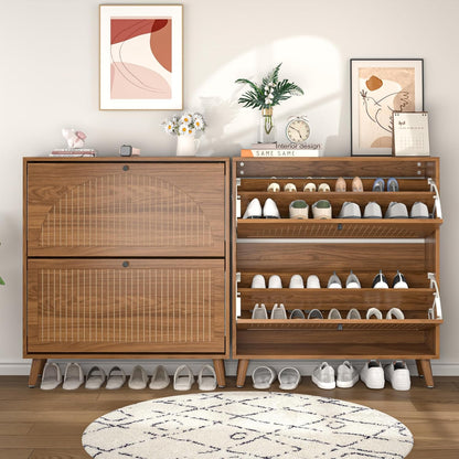 Shoe Storage Cabinet for Entryway with 2 Flip Drawers, Narrow Wood Shoe Cabinet with Fluted Panel, Freestanding Hidden Shoe Organizer for Foyer, Hallway (Walnut)