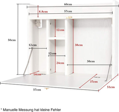 Wall Mounted Table, Multifunctional Fold down Wall Mounted Laptop Computer Desk with Storage Compartments for Home, Office, White
