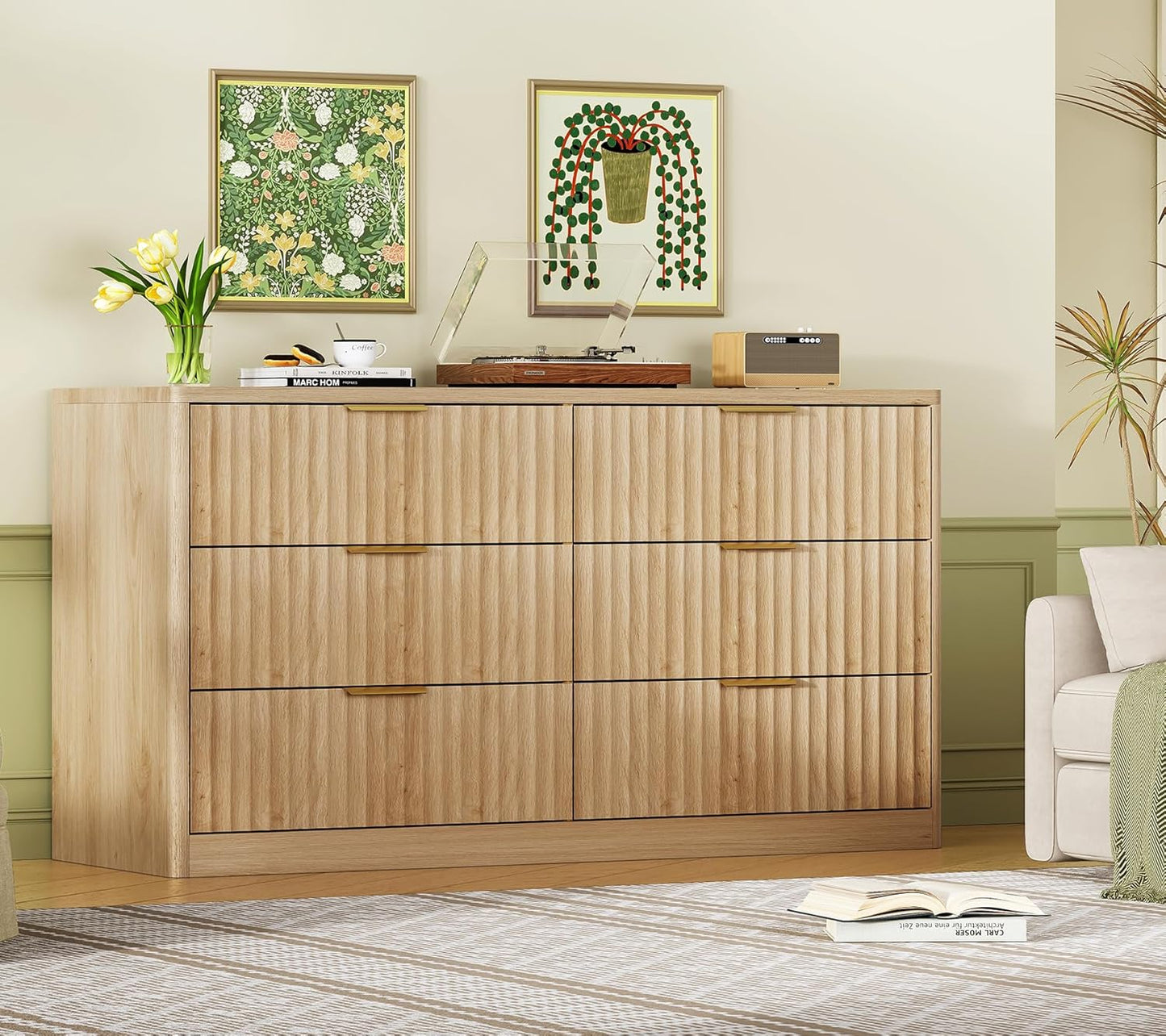 Fluted 6 Drawer Dresser for Bedroom, Wide Modern Chest of Drawers with Metal Handle, Curved Profile Design, Wood Closet Clothes Storage Organizer for Bedroom, Hallway, Natural