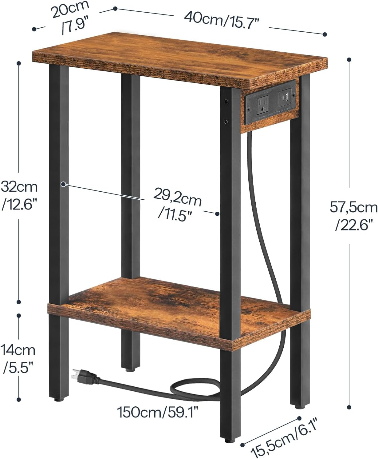 Small End Table with Charging Station, Narrow Side Table with USB Port and Outlets, Skinny Sofa Table, Slim Nightstand, Living Room, Bedroom, Rustic Brown and Black BF240UBZ01