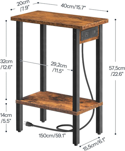 Small End Table with Charging Station, Narrow Side Table with USB Port and Outlets, Skinny Sofa Table, Slim Nightstand, Living Room, Bedroom, Greige and Black BG240UBZ01