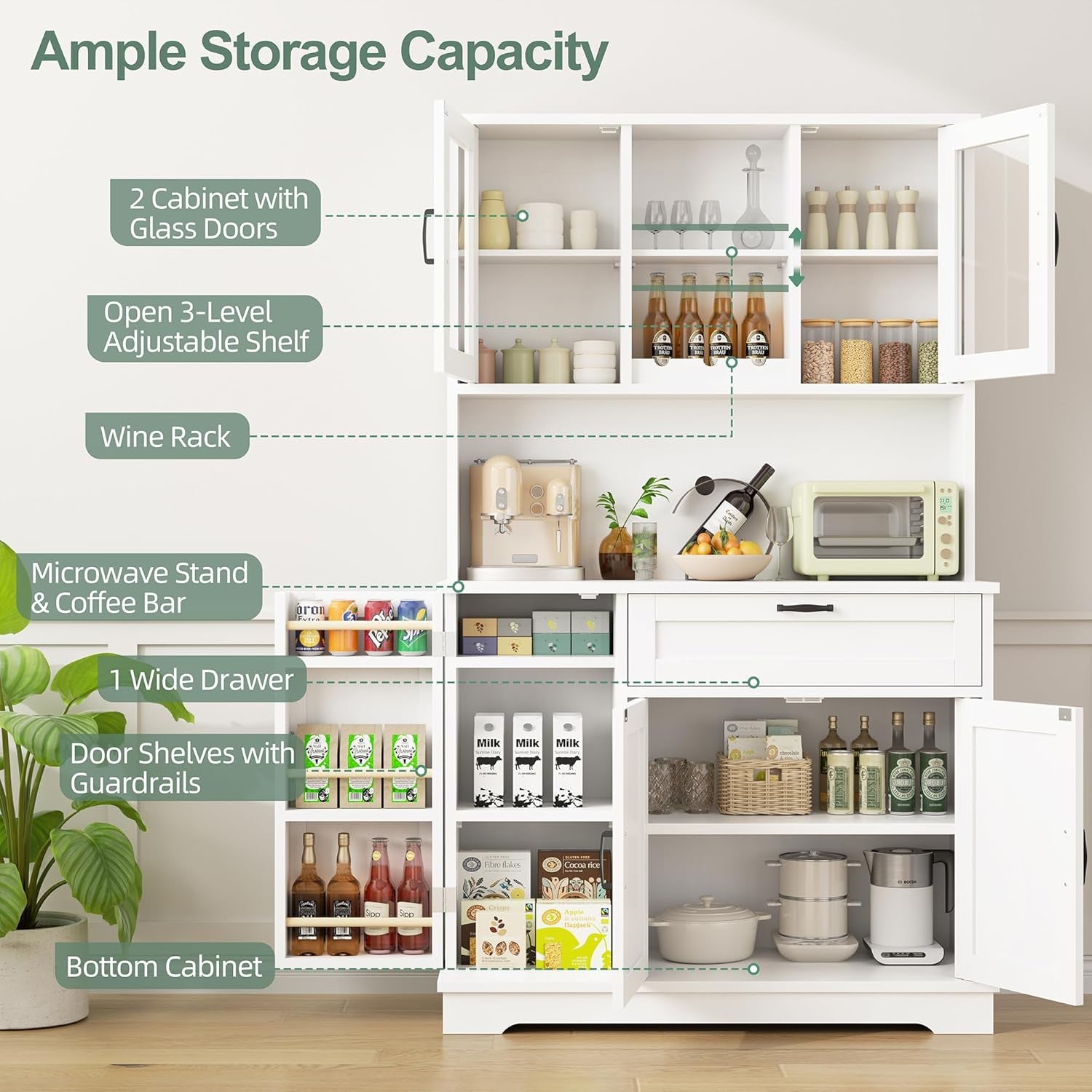 Kitchen Pantry Storage Cabinet, Freestanding Buffet Cabinet with Microwave Stand & 4 Door Shelves, Kitchen Hutch with Doors, Adjustable Shelves and Wine Rack, White