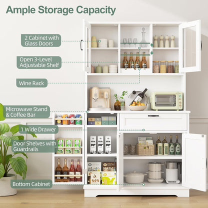 Kitchen Pantry Storage Cabinet, Freestanding Buffet Cabinet with Microwave Stand & 4 Door Shelves, Kitchen Hutch with Doors, Adjustable Shelves and Wine Rack, White