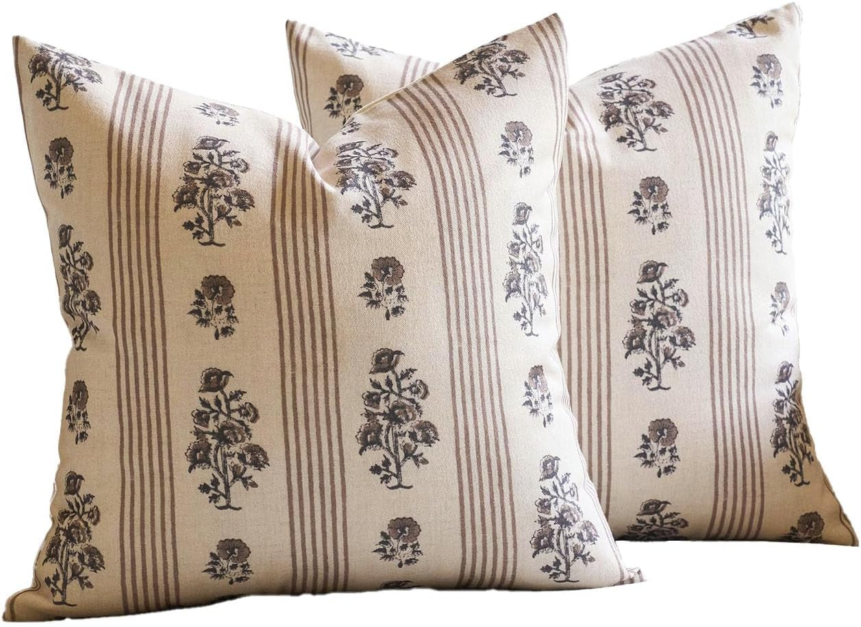 Floral Throw Pillow Covers 18X18 Set of 2 Block Print Pillow Covers Neutral Floral Striped Farmhouse Decorative Pillow Covers for Sofa Couch Bed, Brown