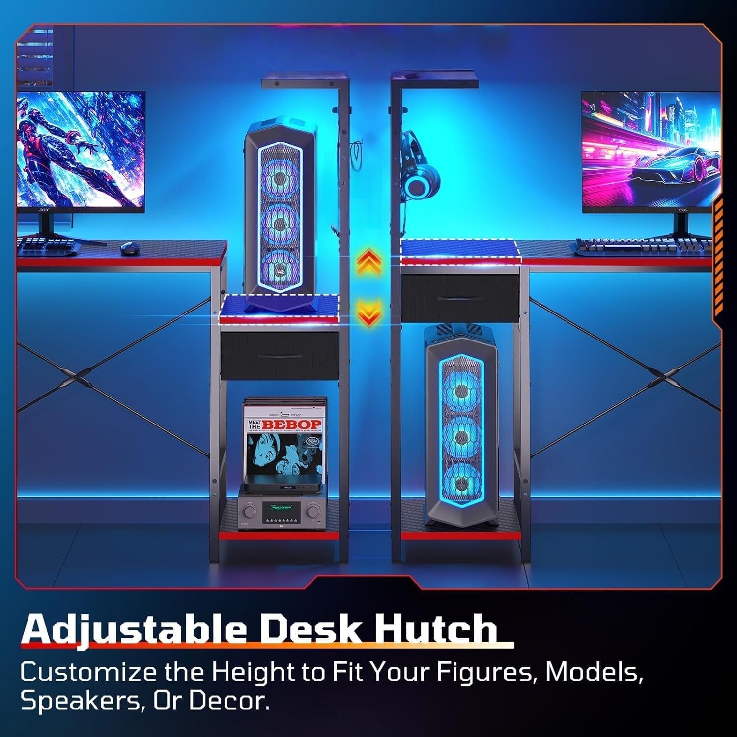 Gaming Desk with Drawer, 44 Inch Small Computer Desk with PC Shelf, Gaming Table with LED Lights for Small Spaces, Reversible Gamer Desk with Storage Bag & Side Hook, Black-Red