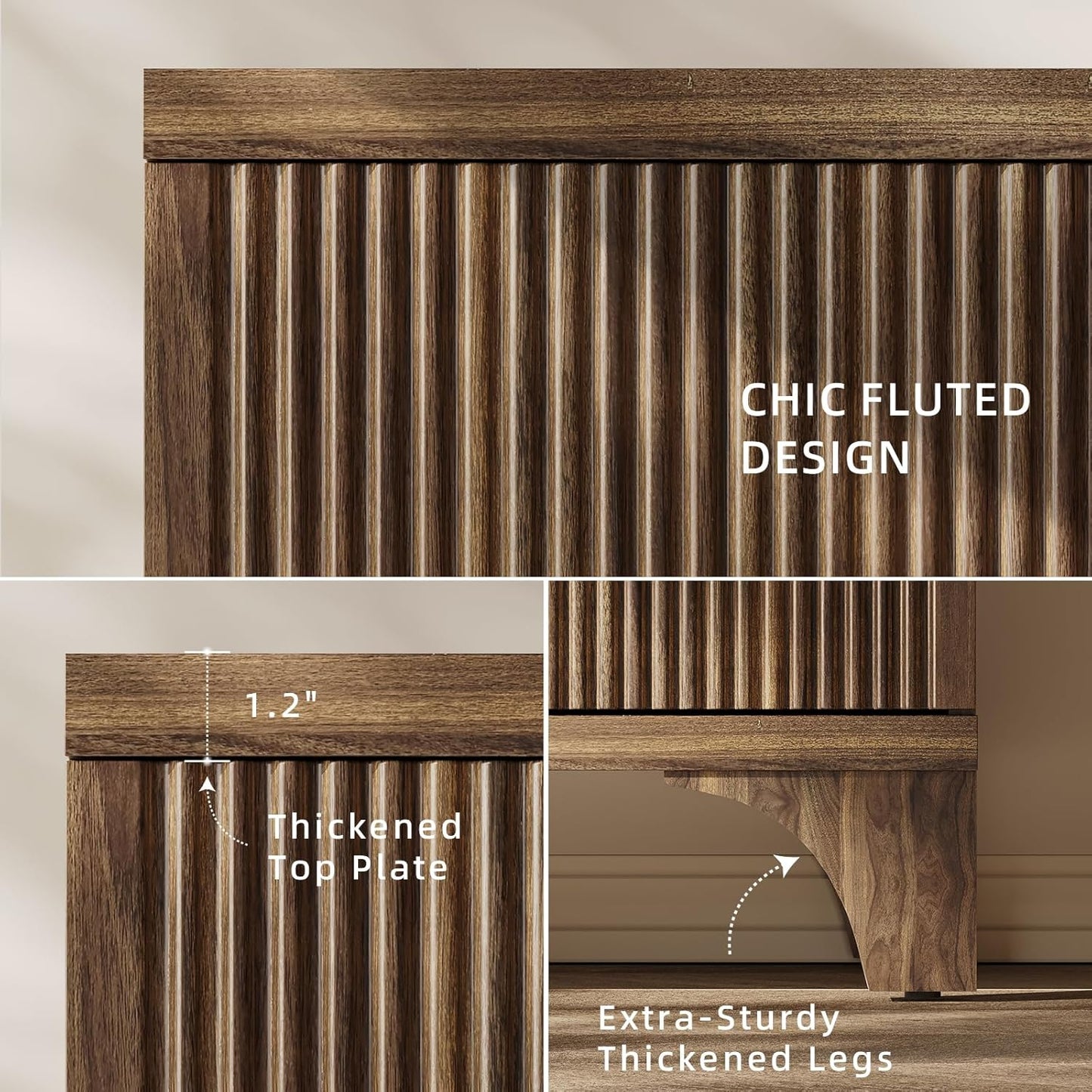 Mid Century Modern Buffet Cabinet with Storage, Accent Sideboard and Credenza with Fluted Doors, Wood Coffee Bar Console for Kitchen, Living Room (Walnut Brown, 47" 3-Door)