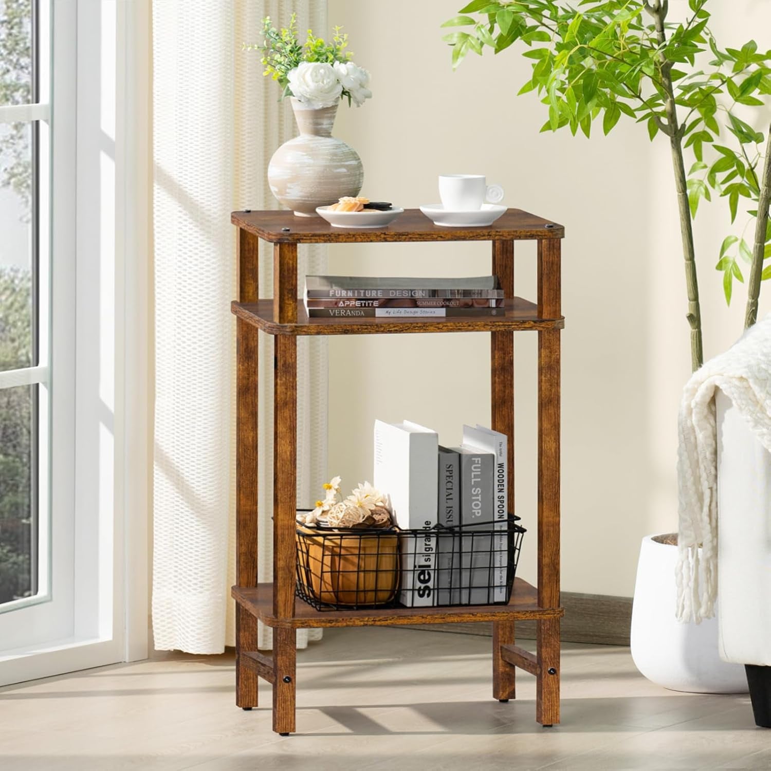 Side Table End Table Tall Night Stand 3-Tier for Living Room Bedroom Bathroom Office Furniture Brown