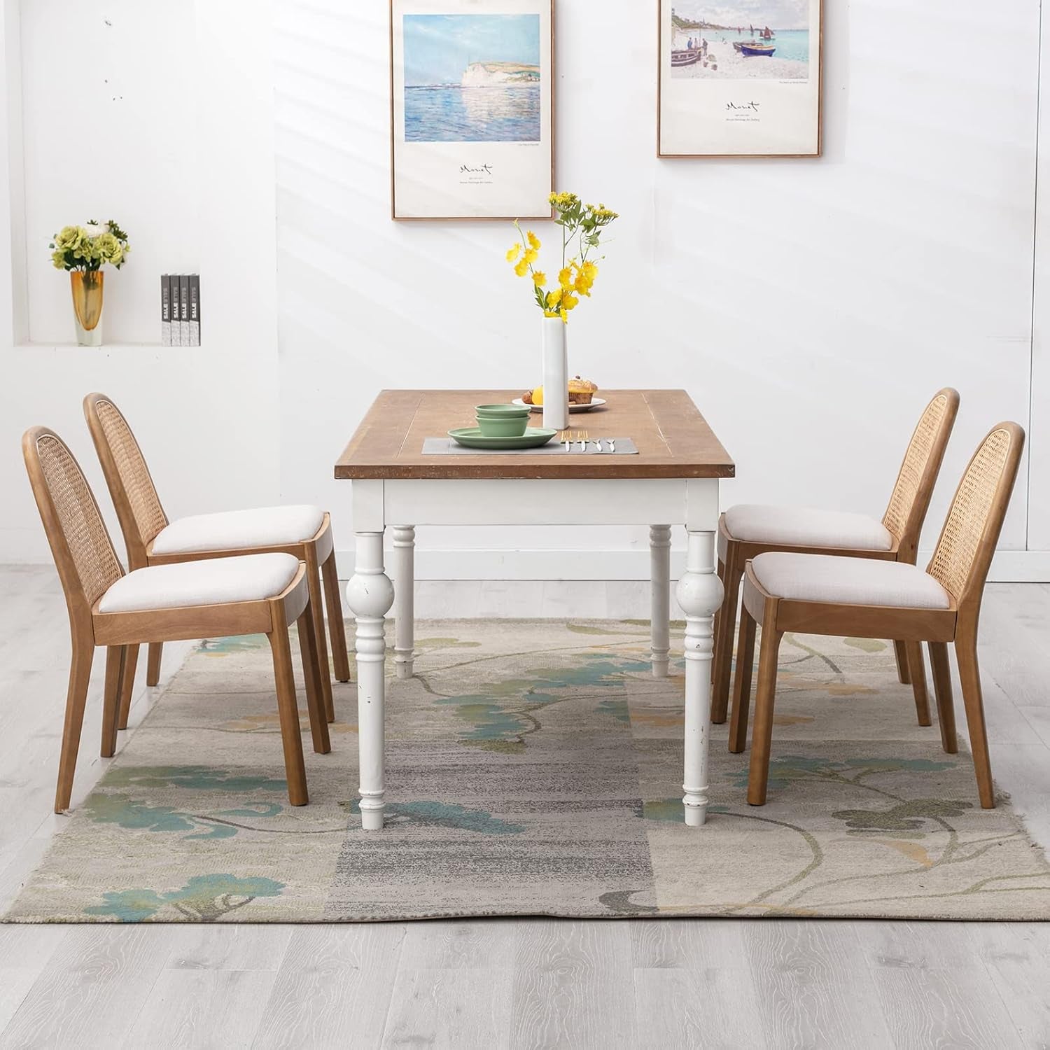 Mid-Century Modern Rattan Dining Chairs Set of 2, Wooden Dining Room Chair with Cane Backrest and Padded Seat, Linen Upholstered Dining Chair, Natural Finish, Beige