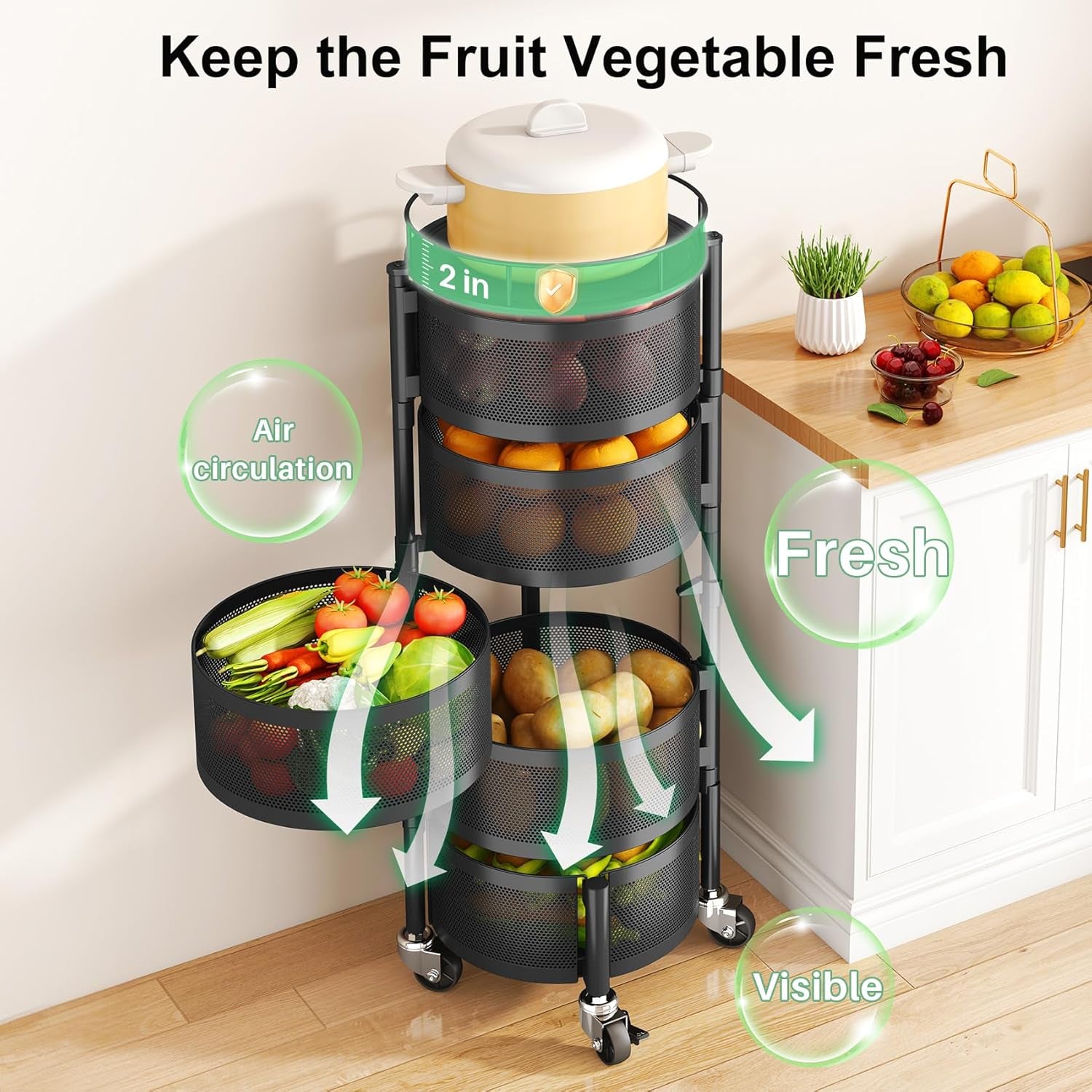 Fruit Vegetable Basket for Kitchen, Rotating Storage Rack, 5 Tier Rolling Cart with Top Lid, Large Metal Wire Wheels, Black