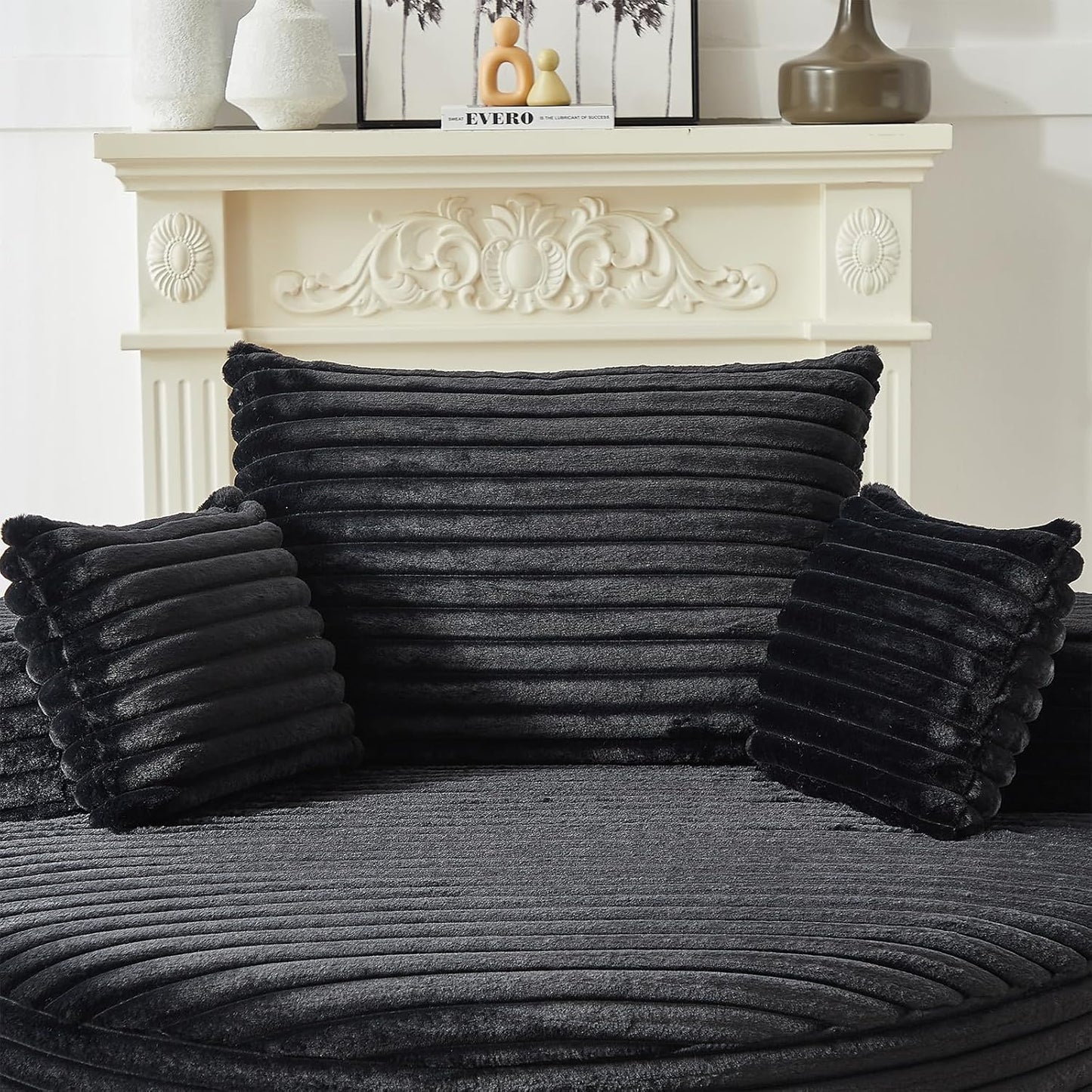 Oversized round Chaise Longue Chair Indoor, Modern 55-Inch Upholstered Corduroy Deep Seat Circle Single Cloud Lounge Floor Sofa Chair for Living Room, Bedroom Apartment, Black