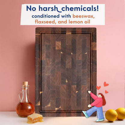 End Grain Butcher Block Cutting Board [1.5" Thick]. Made of Acacia Wood and Conditioned with Beeswax, Flaxseed Oil & Lemon Oil. 16" X 11" Chopping Board by .