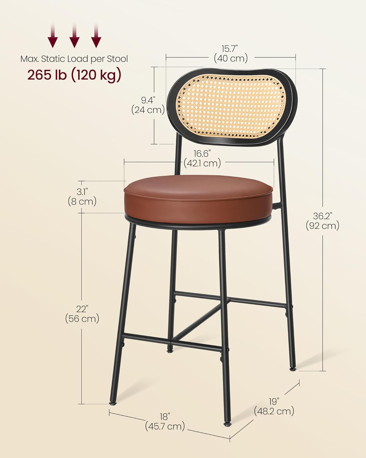 Bar Stools Set of 2, Bar Height Stools with Rattan Back and Metal Legs, 25.1-Inch Tall Counter Chairs, Modern Leather Upholstered Barstools for Kitchen Island Dining Room, Caramel Brown