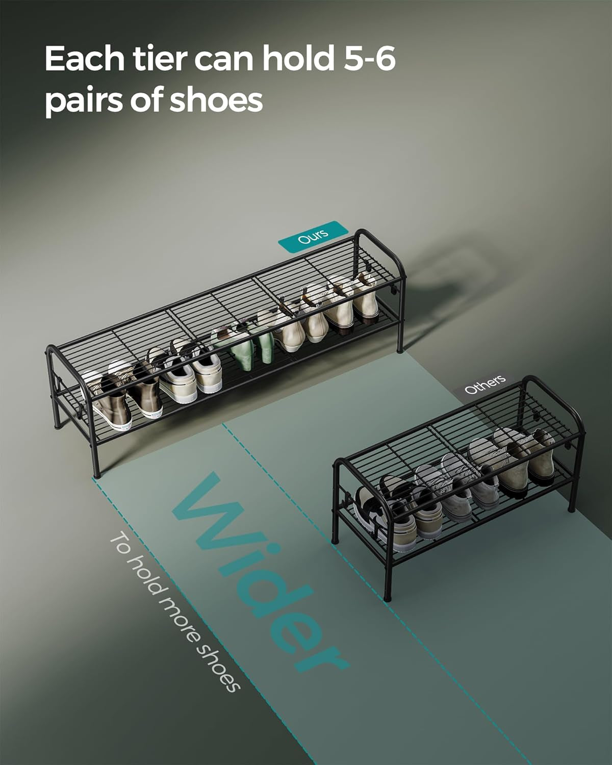 Shoe Rack, 2-Tier Shoe Organizer, Metal Shoe Shelf Storage with 4 Side Hooks, Holds 12 Pairs of Shoes, Height-Adjustable Shoe Rack for Entryway, Hallway, Closet, Easy Assembly, Ink Black