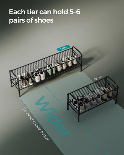 Shoe Rack, 2-Tier Shoe Organizer, Metal Shoe Shelf Storage with 4 Side Hooks, Holds 18 Pairs of Shoes, Height-Adjustable Shoe Rack for Entryway, Hallway, Closet, Ink Black ULMR121B01