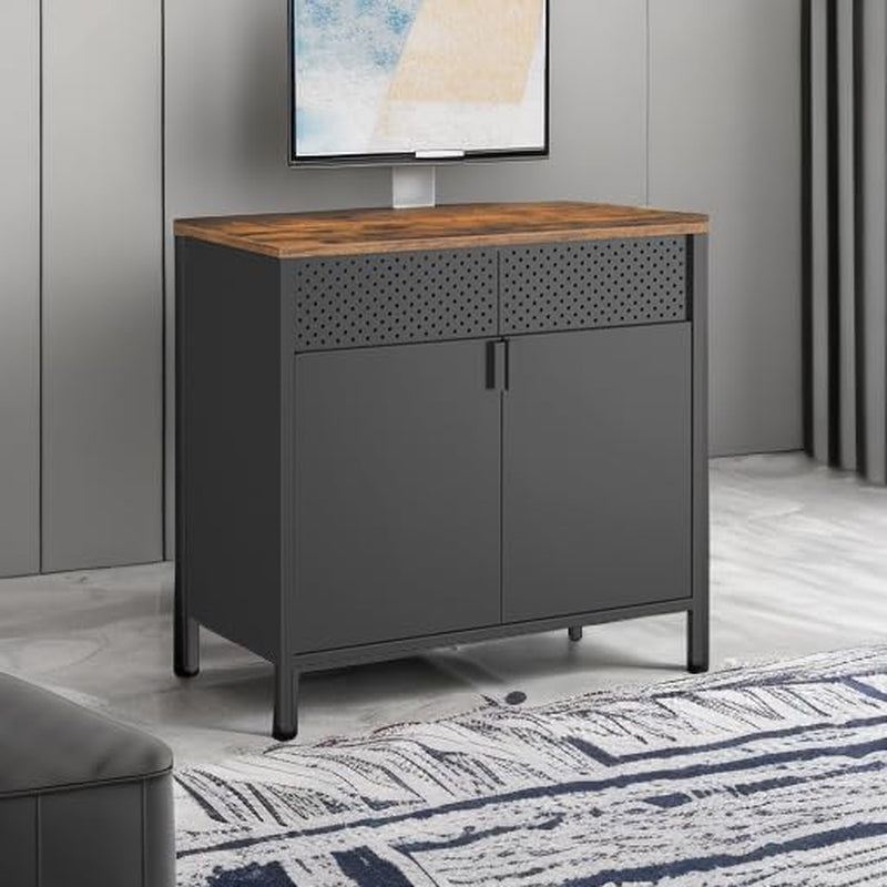 Storage Cabinet, Metal Cabinet, Sideboard with 2 Doors, 15.7 X 31.5 X 29.9 Inches, Magnetic Closure, Adjustable Shelf, Steel Frame, Rustic Brown and Black ULSC102B01