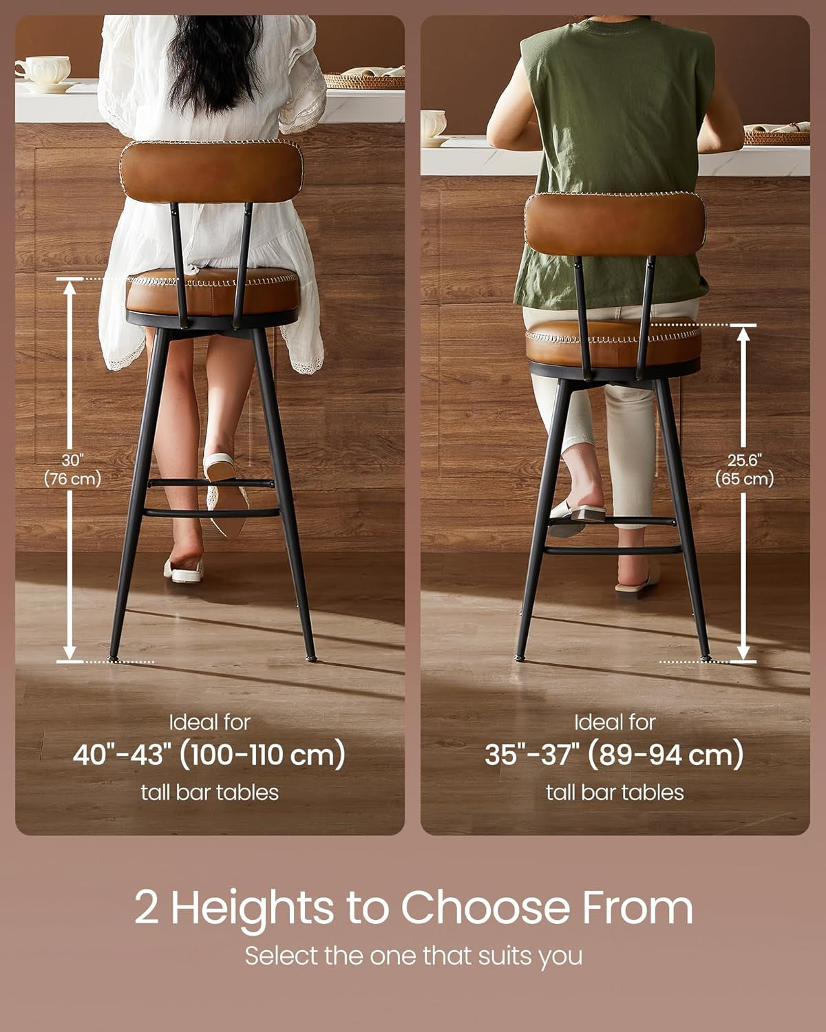 EKHO Collection - Bar Stools Set of 2, Swivel Counter Height Bar Stools with Back, Synthetic Leather with Stitching, Mid-Century Modern, 25.6-Inch Tall Barstools for Kitchen Bar, Caramel Brown