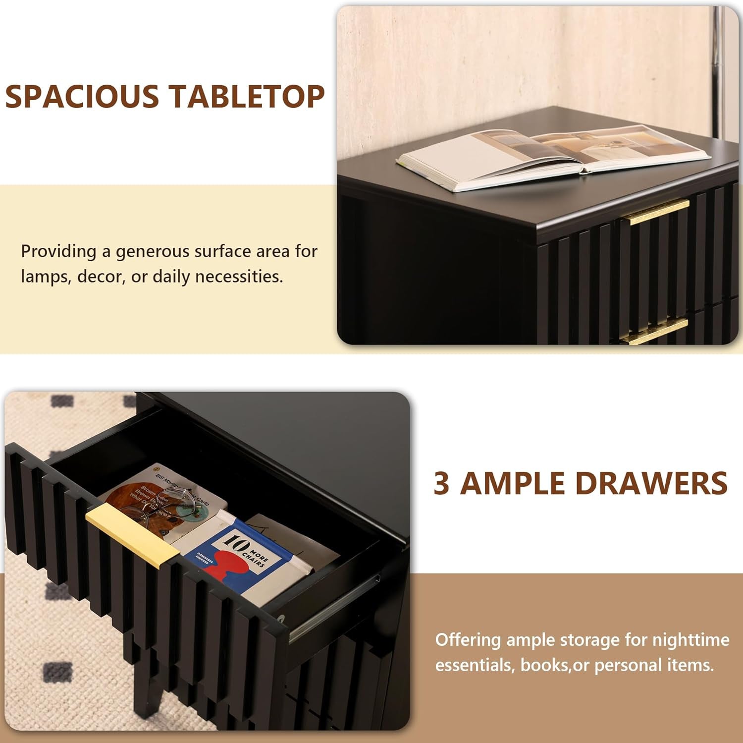 3 Piece Dresser and Nightstand Sets Modern Fluted Bedroom Set with 6 Drawer Dresser & 2 Nightstands,Mdf Wood, Gold Handles, Black Finish, Storage Furniture for Bedroom, Closet, Apartment