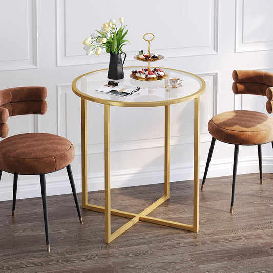 Small round Dining Table for 2,Glass Circle Kitchen Dinner Table,26.7'' Multifuntional Modern Desk for Dining Room,Office,Kitchen,Apartment,Easy Assembly,Gold