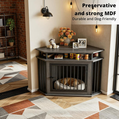 43.3" Corner Dog Crate with 2-Tier Shelves, Wooden Dog Kennel Furniture for TV Stand, Dog Cage Indoor for Small and Medium Dogs, Gray (23.6" L X 43.3" W X 32" H)