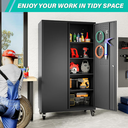 Wide & Deep Metal Storage Cabinet with Wheels,Tall Rolling Garage Storage Cabinet with Lock,Black Metal Cabinets with Pegboards and Shelves,Tool Locker for Garage,Home,Office,43''Wx 20''Dx71"H