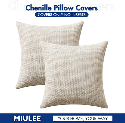 Pack of 2 Couch Throw Pillow Covers 18X18 Inch Neutral Beige Modern Boho Accent Decorative Pillow Covers Soft Chenille Farmhouse Cushion Covers for Home Decor Bed Sofa Living Room