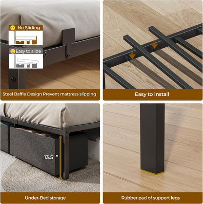 Full Size Bed Frame with Headboard and Storage Drawers, Full Metal Platform Corner Bed Frame with Charging Station and LED Lights, Heavy Duty Strong Support Slats and Easy to Assemble, Black