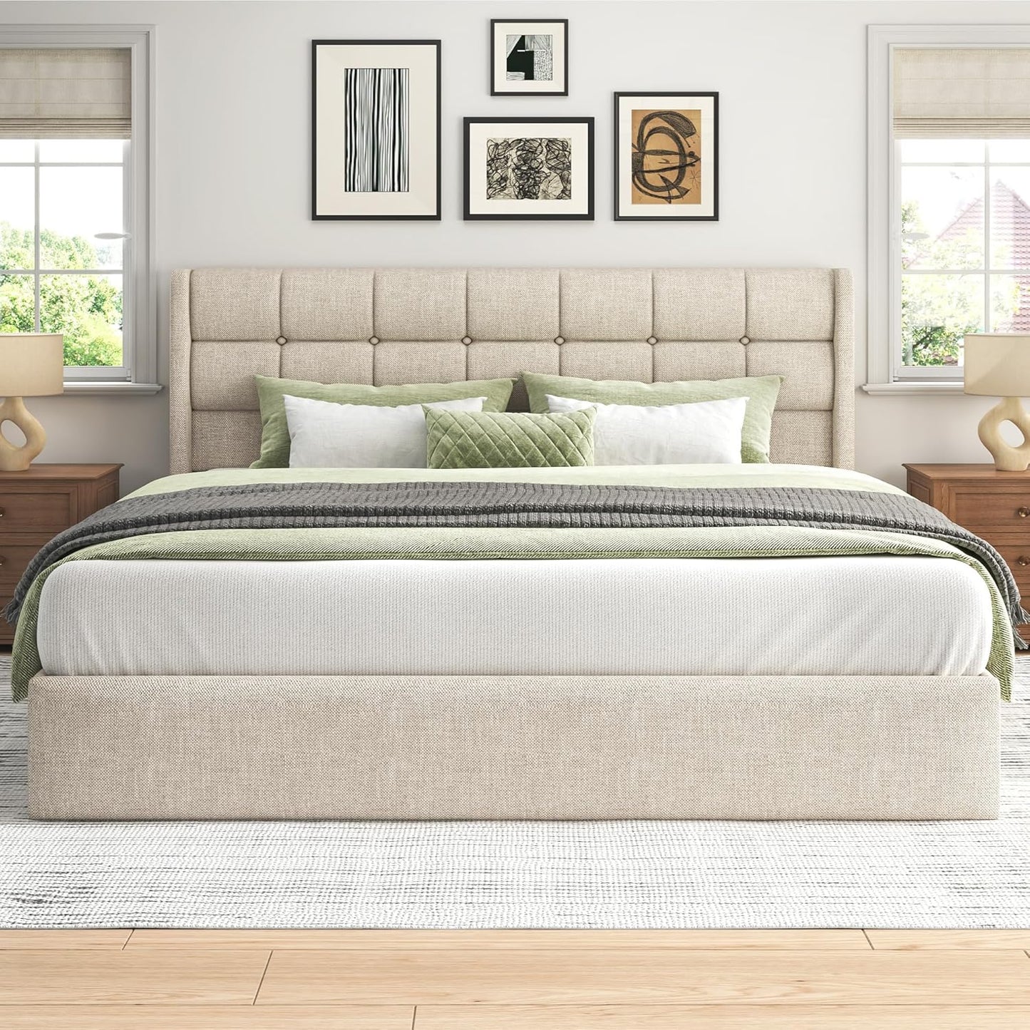 King Size Lift up Storage Bed Frame, Linen Upholstered King Platform with Button Tufted Wingback Headboard and Under-Bed Storage, Hydraulic Support, No Box Spring Needed, Noise Free, Beige