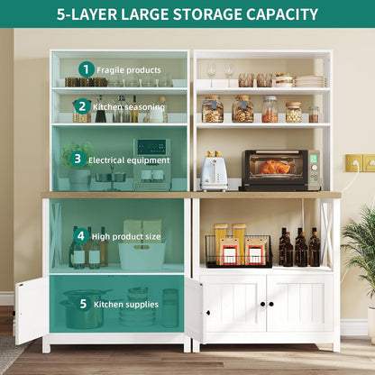 White Microwave Stand Bakers Rack Cabinet, Farmhouse Freestanding Small Kitchen Pantry Hutch Tall W Door Power Outlet Thickened Counter, Coffee Bar Storage Shelves