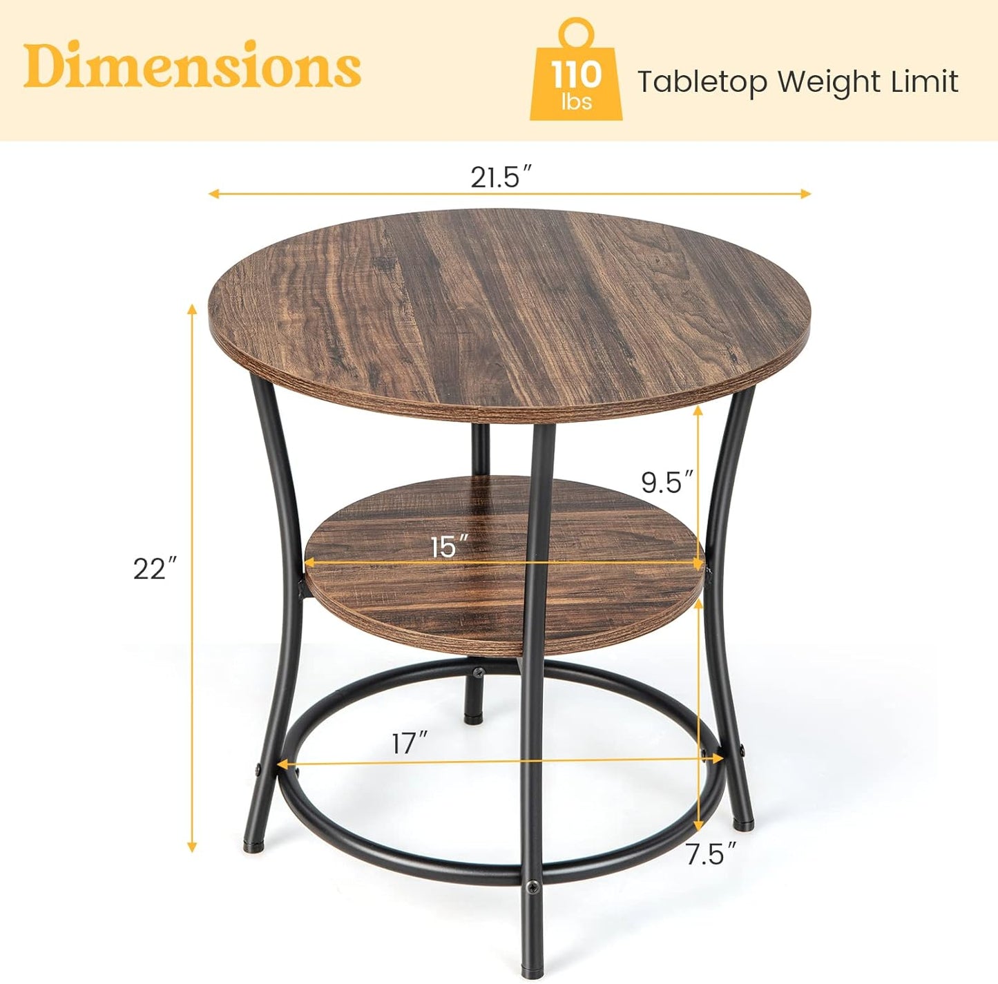 round End Table Set of 2, Industrial Side Table with 2 Storage Shelves & Sturdy Metal Frame, Versatile Bedside Table for Bedroom Living Room Small Space, Easy Assembly (2, Brown)