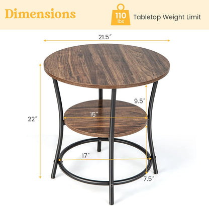 round End Table Set of 2, Industrial Side Table with 2 Storage Shelves & Sturdy Metal Frame, Versatile Bedside Table for Bedroom Living Room Small Space, Easy Assembly (2, Brown)