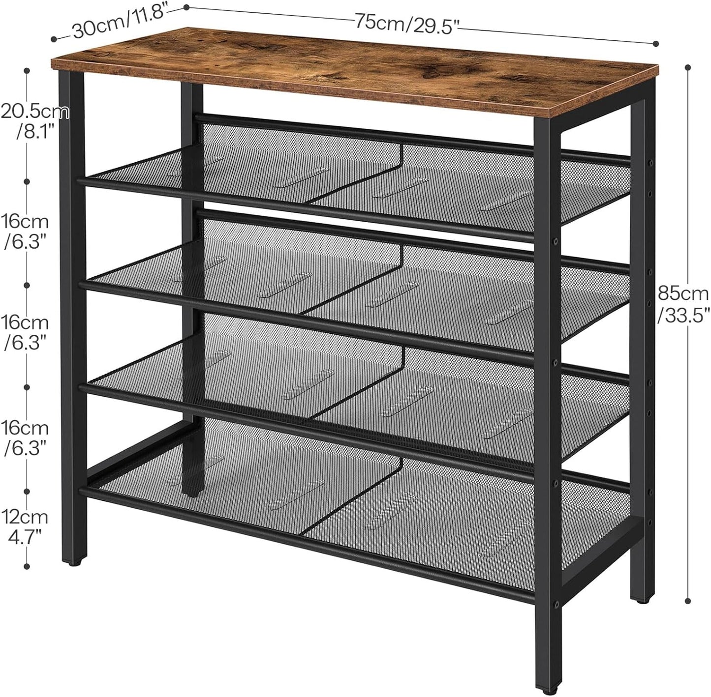 Shoe Rack, 5-Tier Shoe Storage Unit Flat & Slant Adjustable Shoe Organizer Shelf for 16 Pairs, Durable and Stable, for Entryway, Hallway, Closet, Dorm Room, Industrial, Rustic Brown BF01XJ01