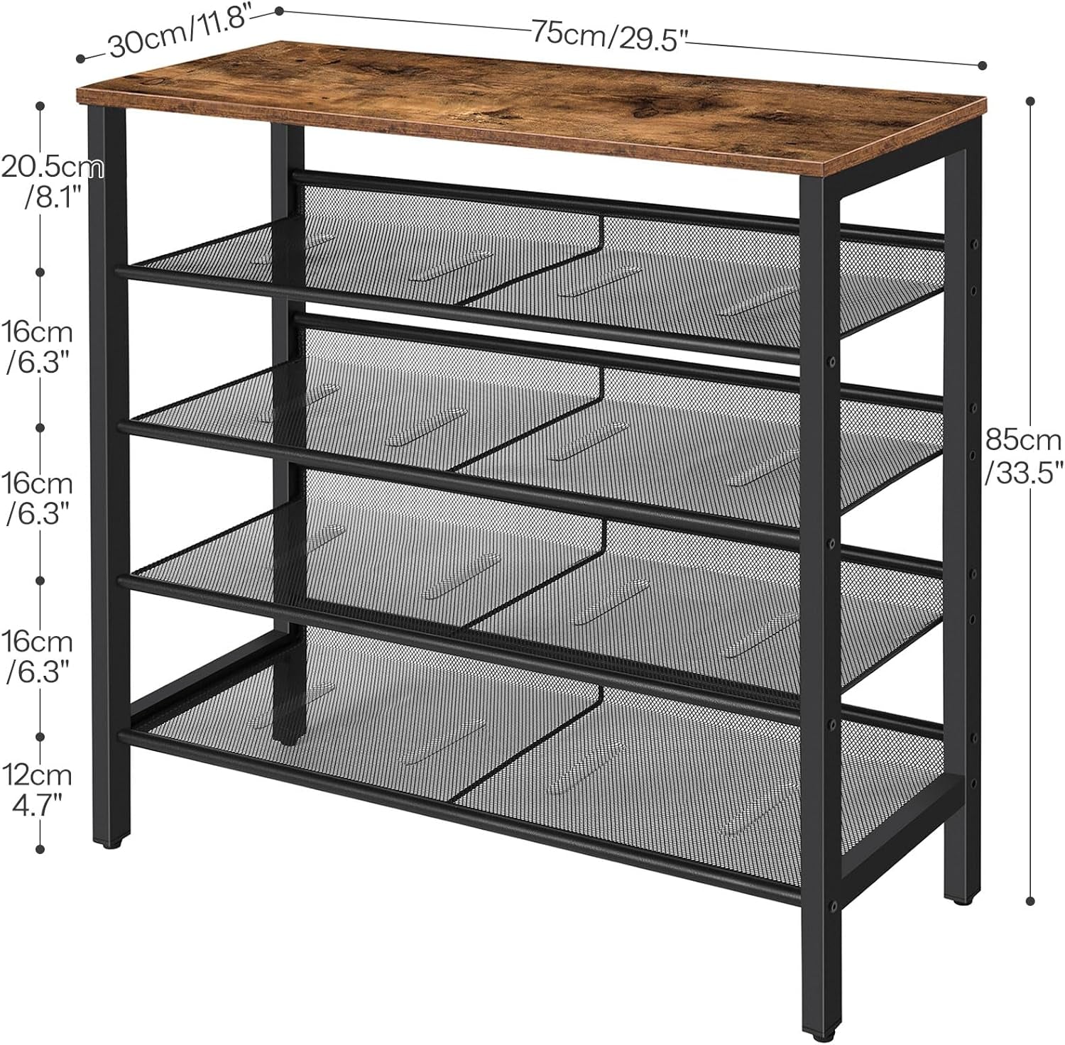 Shoe Rack, 5-Tier Shoe Storage Unit Flat & Slant Adjustable Shoe Organizer Shelf for 16 Pairs, Durable and Stable, for Entryway, Hallway, Closet, Dorm Room, Industrial, Rustic Brown BF01XJ01