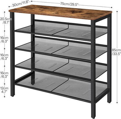 Shoe Rack, 5-Tier Shoe Storage Unit Flat & Slant Adjustable Shoe Organizer Shelf for 16 Pairs, Durable and Stable, for Entryway, Hallway, Closet, Dorm Room, Industrial, Rustic Brown BF01XJ01