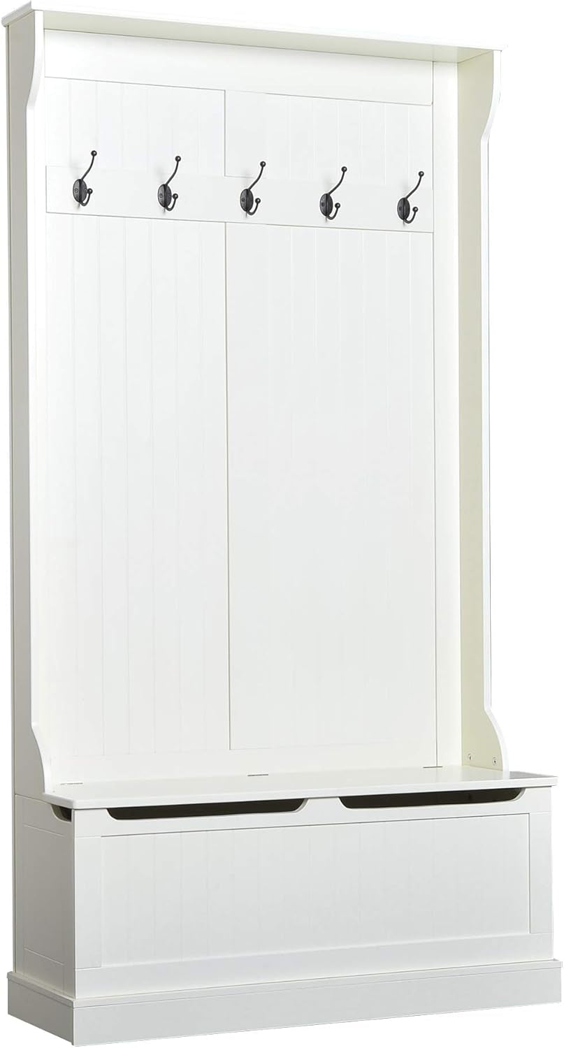 Hall Tree with Bench and Shoe Storage, 3-In-1 Entryway Bench with Coat Rack, 5 Hooks and Flip Top Storage Compartment, Cream White