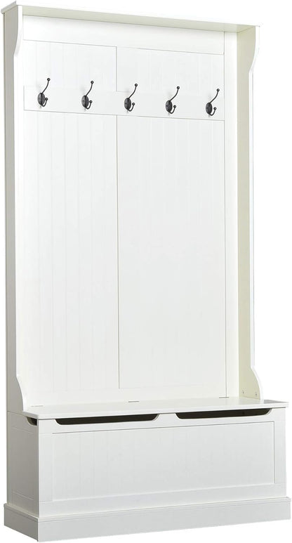Hall Tree with Bench and Shoe Storage, 3-In-1 Entryway Bench with Coat Rack, 5 Hooks and Flip Top Storage Compartment, Cream White