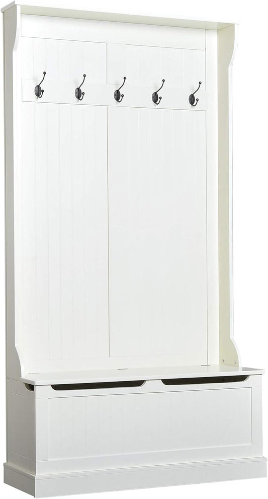 Hall Tree with Bench and Shoe Storage, 3-In-1 Entryway Bench with Coat Rack, 5 Hooks and Flip Top Storage Compartment, Cream White
