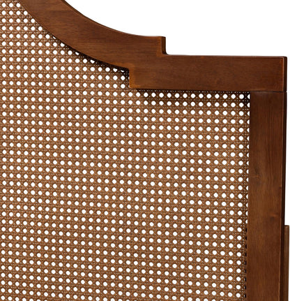 Risha Mid-Century Modern Ash Walnut Finished Wood and Rattan King Size Headboard