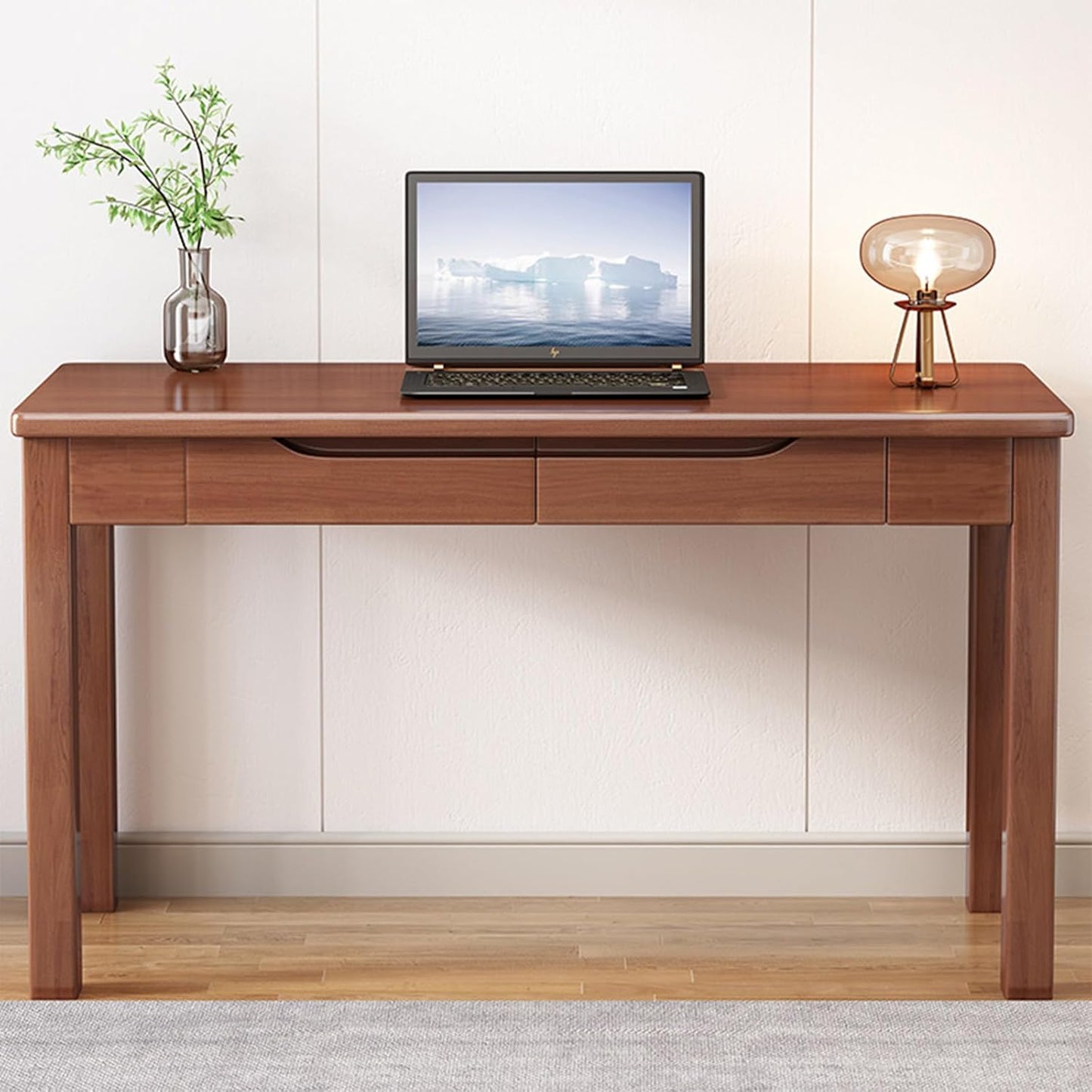 Solid Wood Writing Desk with Drawers, 47" Home Office Computer Desk, Wooden Simple Laptop Desk Study Table for Bedroom, Living Room, Walnut Finish