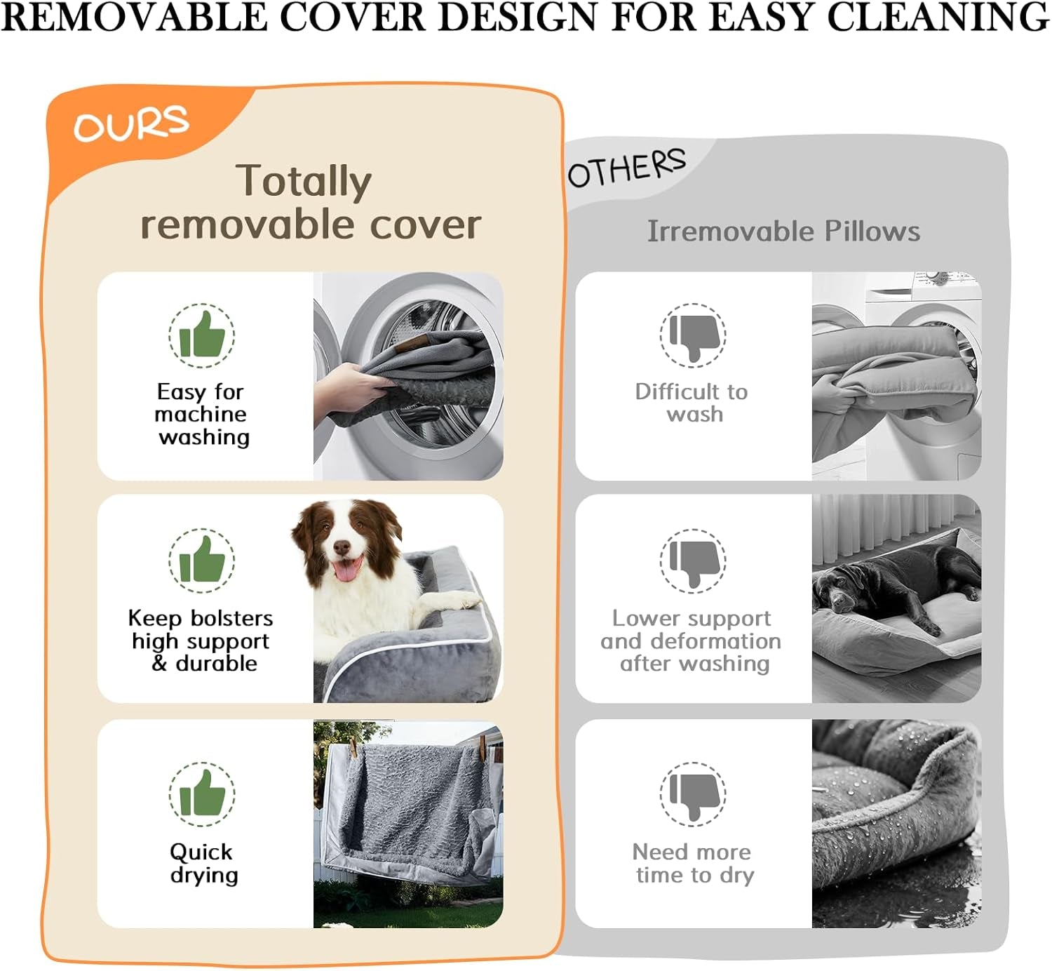 Orthopedic Dog Bed for Extra Large Dogs 42X30 Inch, Waterproof Egg Crate Foam XL Pet Bed with Removable Bolsters, Dog Couch with Washable Cover & Non-Slip Bottom, Grey