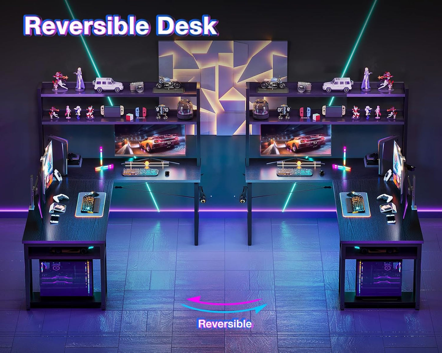 L Shaped Gaming Desk with Hutch, Computer Desk with Storage Shelves, 66" L Shaped Desk for Home Office, Corner Desk with Headphone Hook, Black