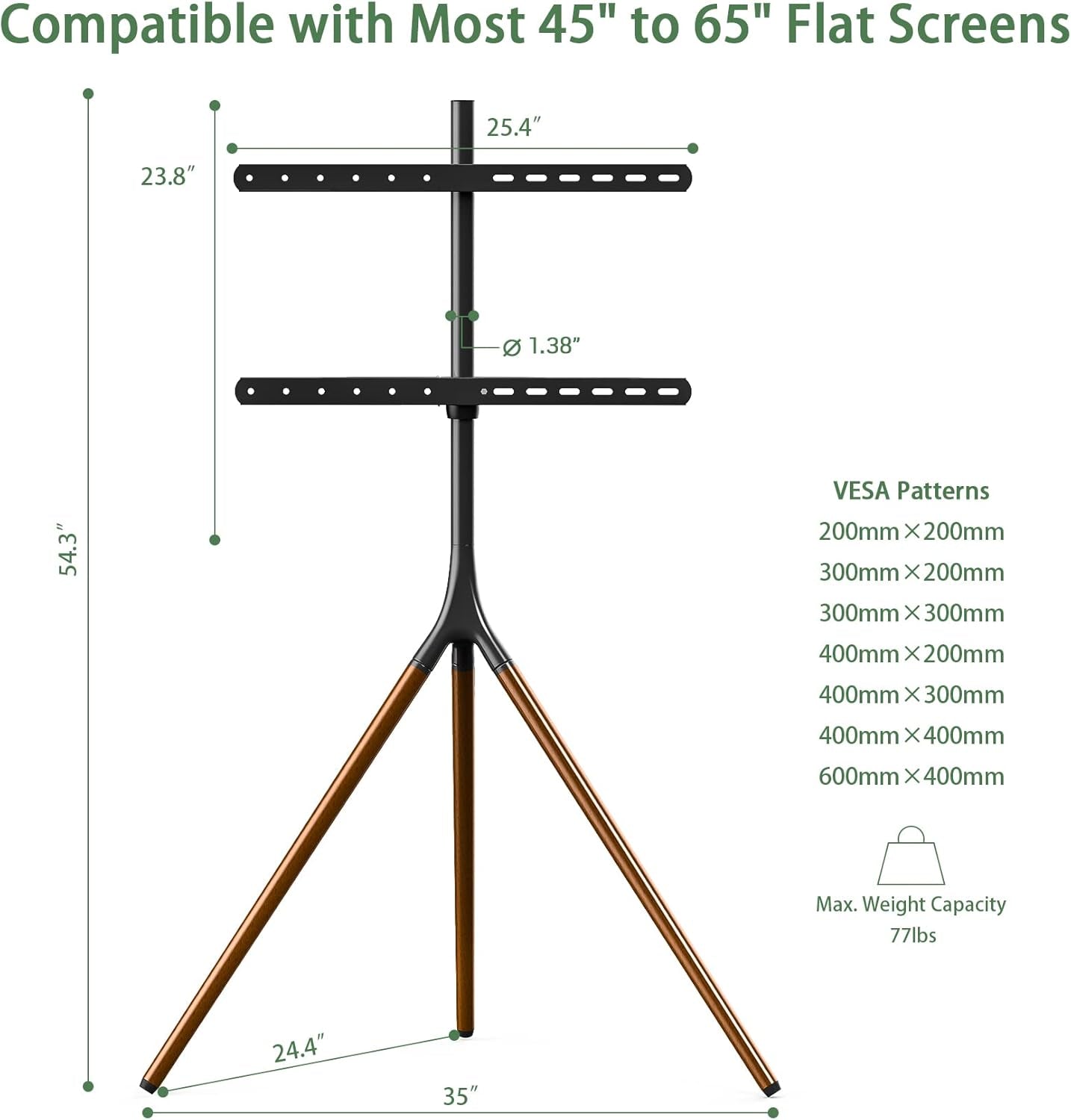 Easel TV Stand with Tripod Base for 45-65 Inch Flat Screen up to 77Lbs, Height Adjustable TV Stand Tripod for Living Room W/Cable Ties, 180°Swivel, Black