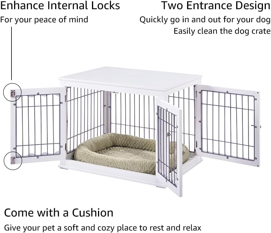 32 Inch Furniture Style White Dog Crate for Medium Dogs, Indoor Aesthetic Puppy Kennel, Modern Decorative Wood Wire Pet House Dog Cage, Pretty Cute End Side Table Nightstand…