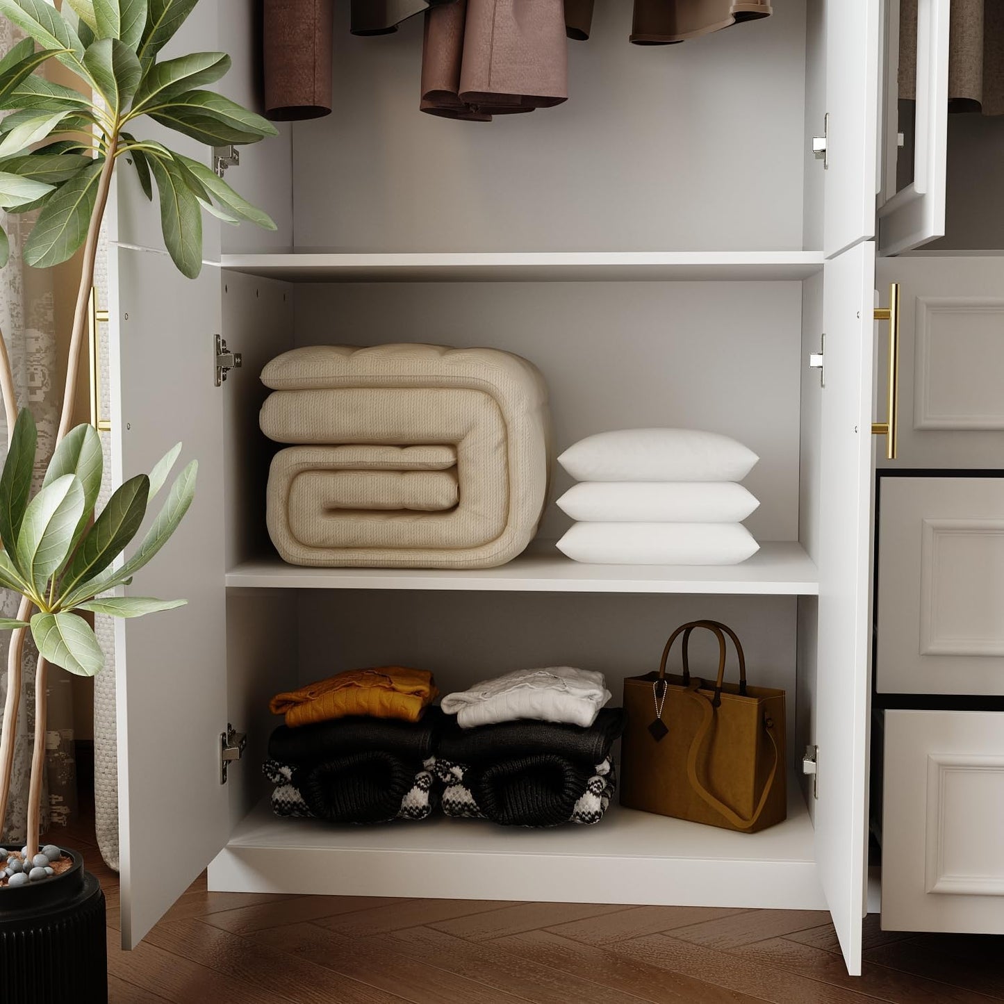 Wardrobe Closet Collection with Doors, Modern White Bedroom Armoire System with Gold Handles, Modern Clothes Storage Cabinet with Drawers, Shelves, Hanging Rods, 79.1”W X 19.3”D X 74.8”H