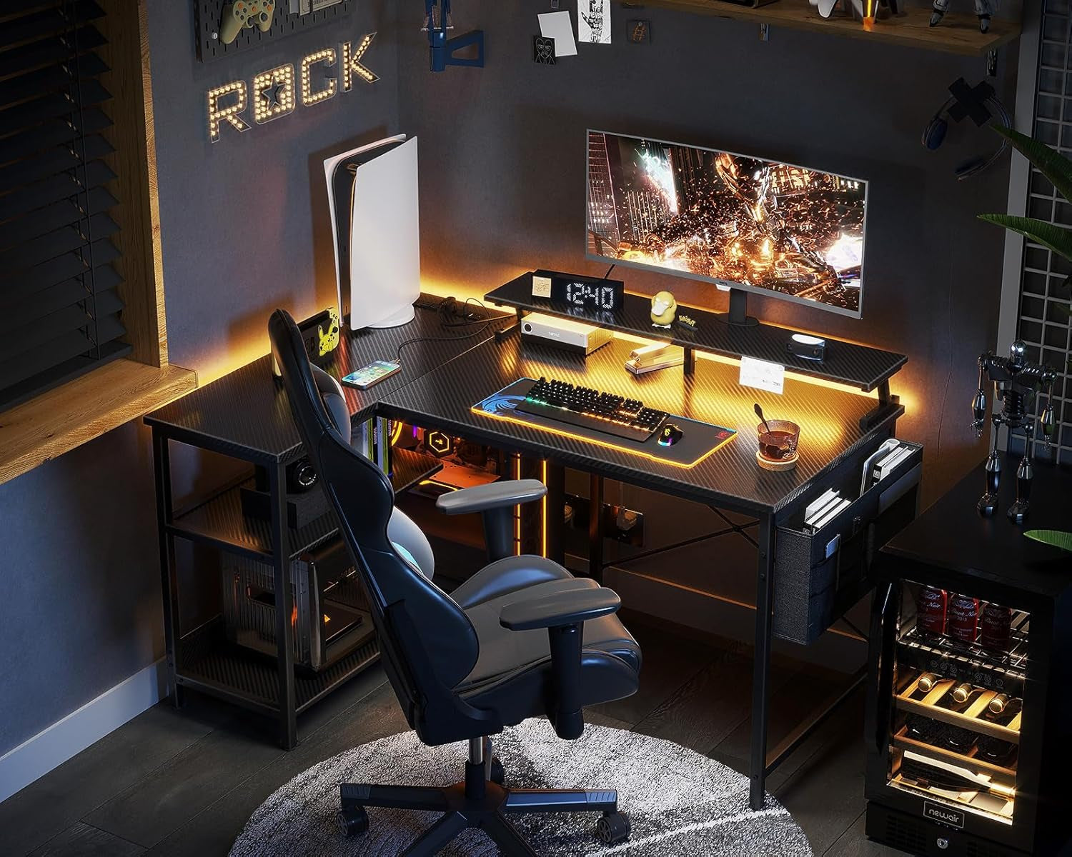 48 Inch Gaming Desk with USB Charging Ports and LED Lights, Reversible L Shaped Computer Desk with Storage Shelves & Monitor Stand, Corner Gamer Desk Table with Power Outlets, Black