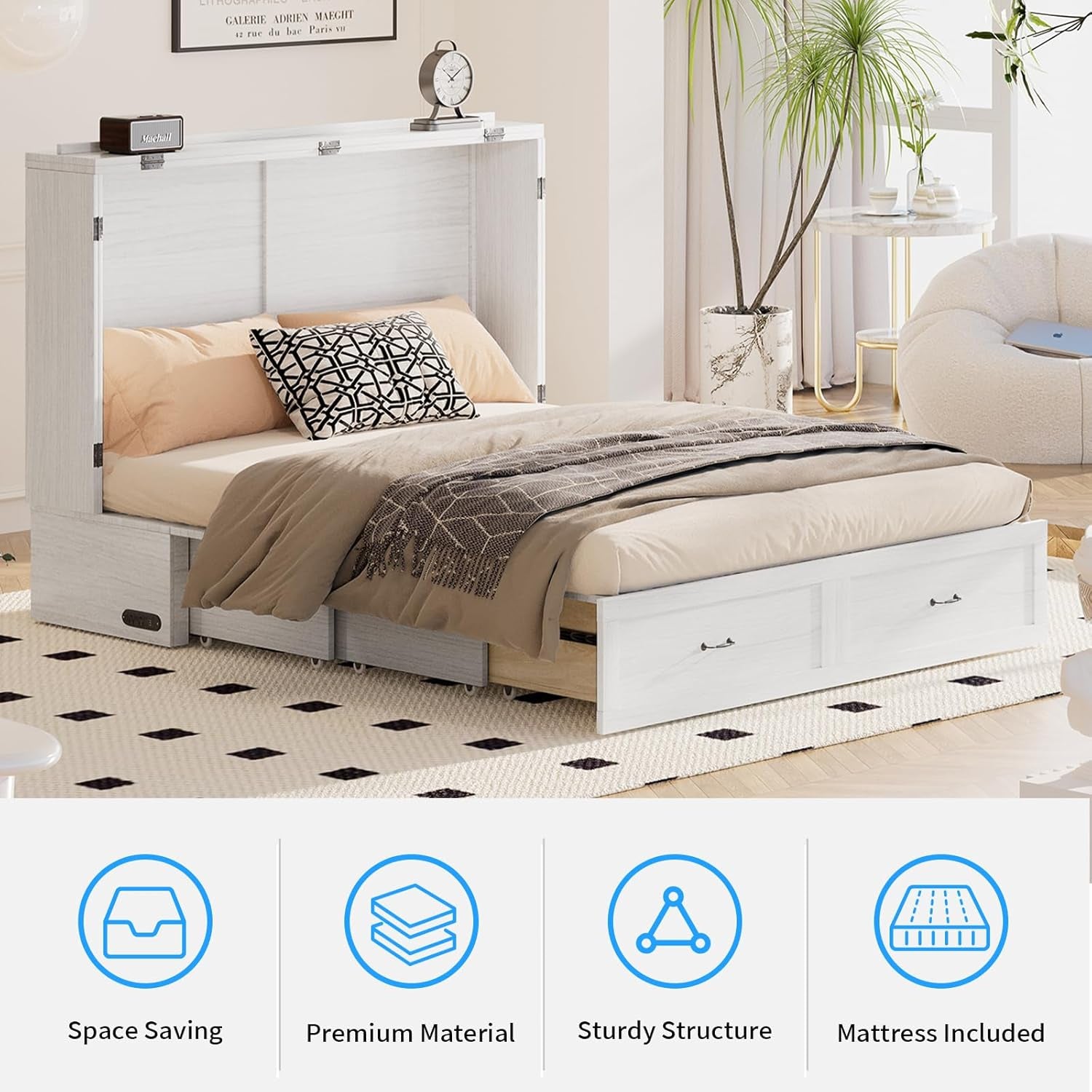 63" W Murphy Bed with Tri-Folding Mattress, Queen Cabinet Bed with Built-In Charging Station & Drawer Storage for Living Room, Apartment, Office, Home, Bedroom, White