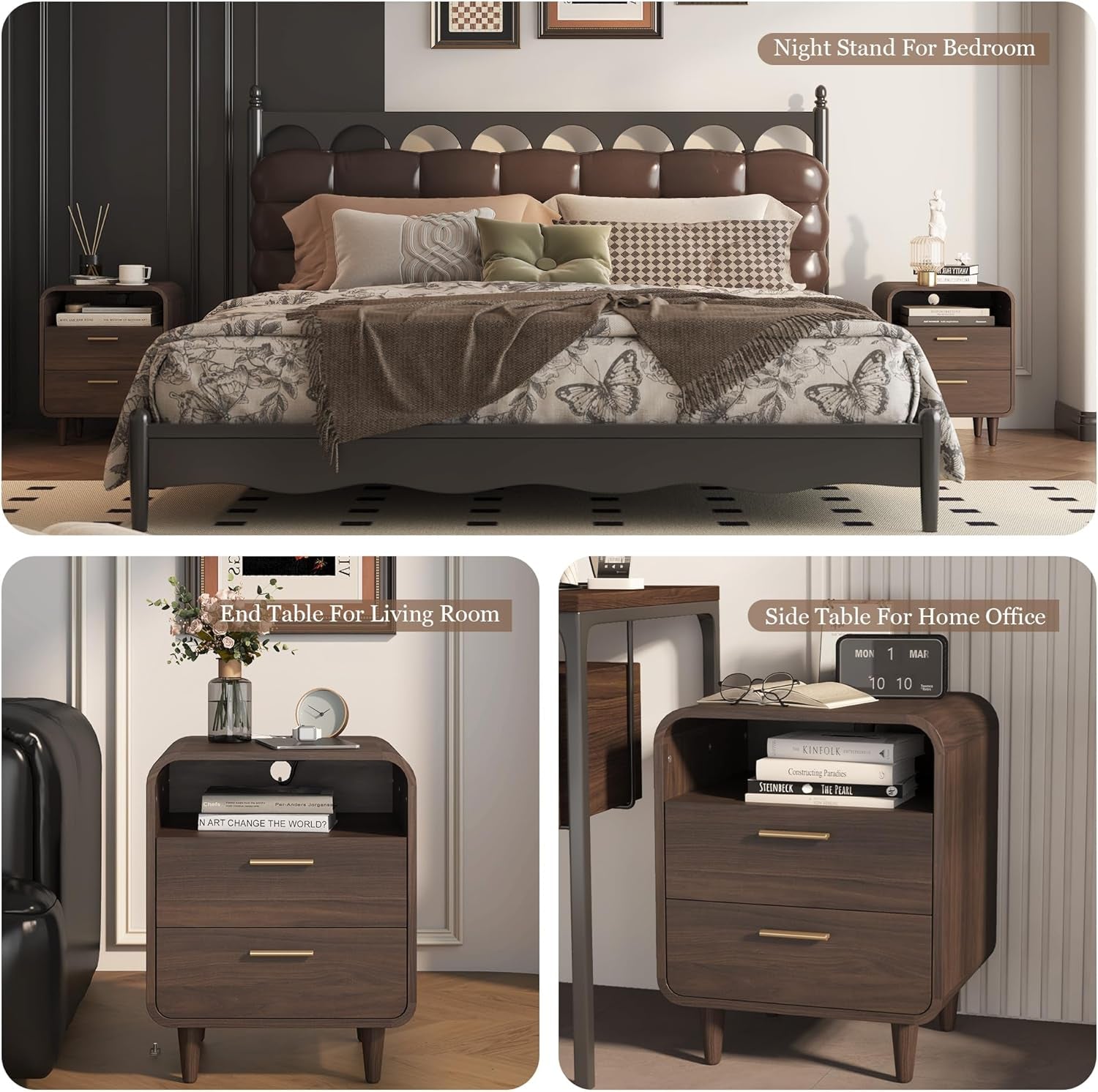 22.2'' Nightstands Set of 2 with Charging Station, Mid-Century Modern Bedside Table W/2 Drawers and Shelves, Side Table and End Table for Bedroom and Living Room, Curved Design(Walnut)